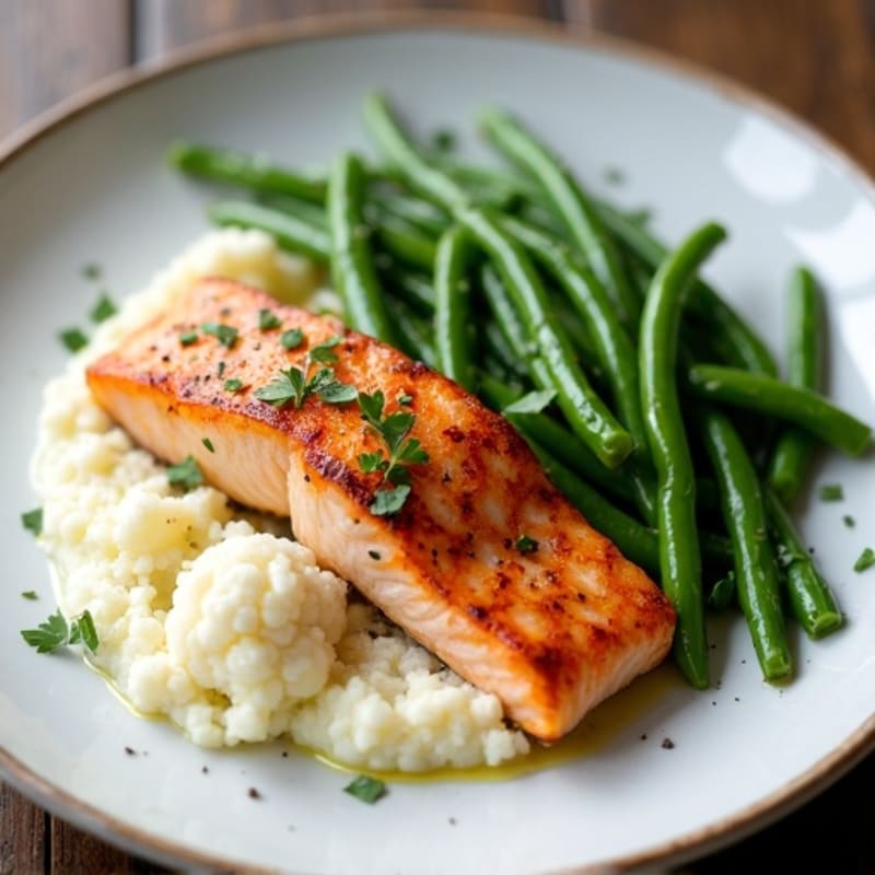 Seared Salmon Fillet with Garlic Green Beans and Cauliflower Mash
