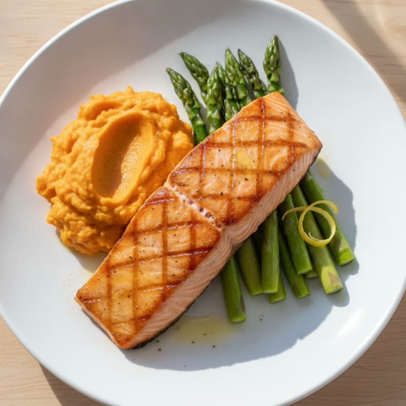 Seared Salmon Fillet with Steamed Asparagus and Sweet Potato Mash