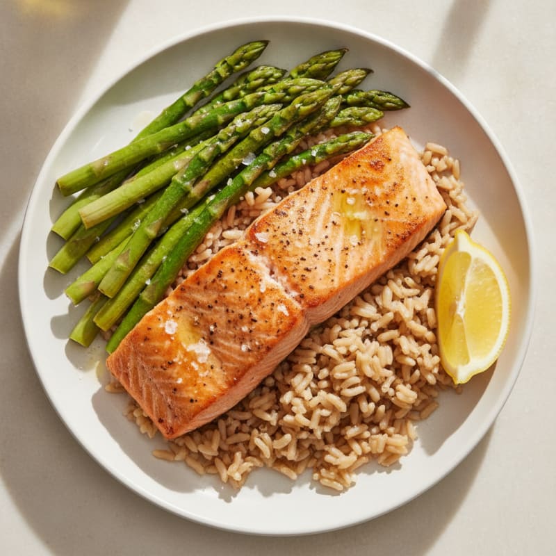 Seared Salmon with Steamed Asparagus and Brown Rice