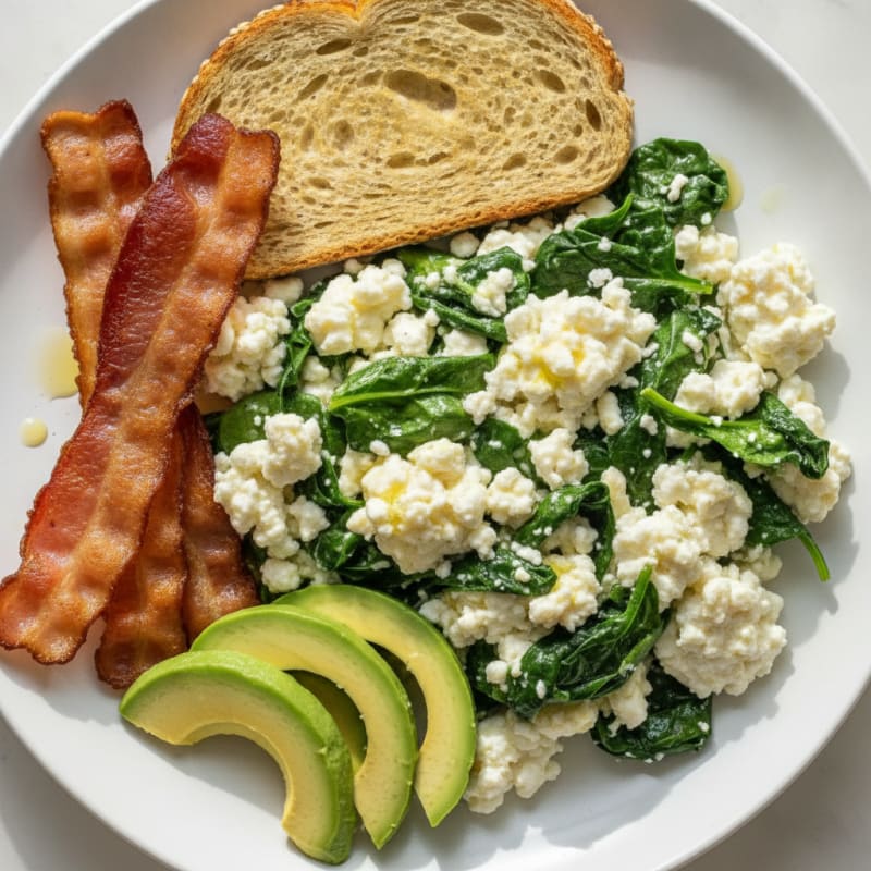 Egg White and Cottage Cheese Scramble with Spinach and Turkey Bacon