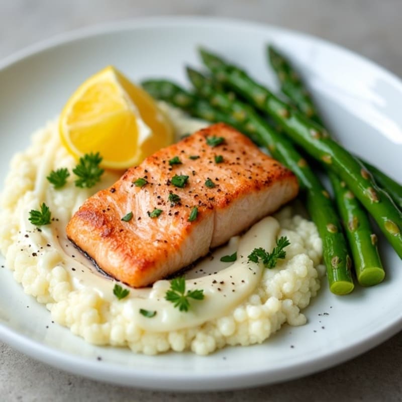 Seared Salmon with Steamed Asparagus and Cauliflower Mash
