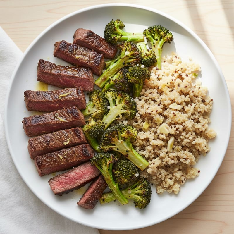 Seared Beef Strips with Roasted Broccoli and Quinoa