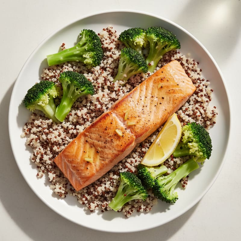 Seared Salmon with Steamed Broccoli and Quinoa
