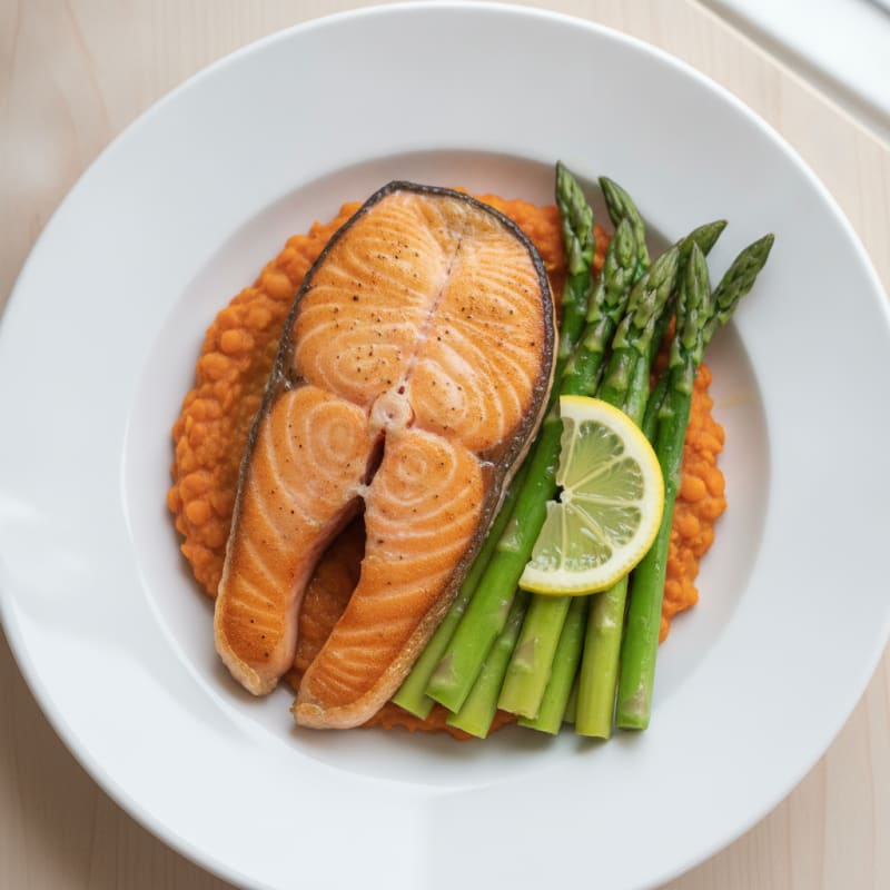 Seared Salmon Fillet with Steamed Asparagus and Lentil Mash