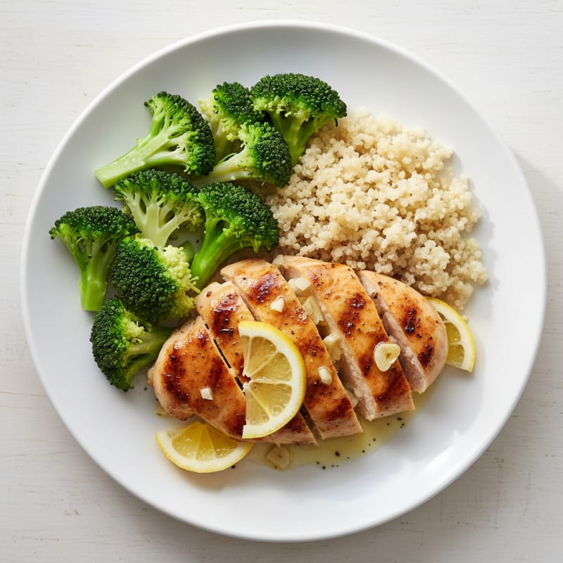 Grilled Lemon Garlic Chicken Breast with Quinoa and Steamed Broccoli