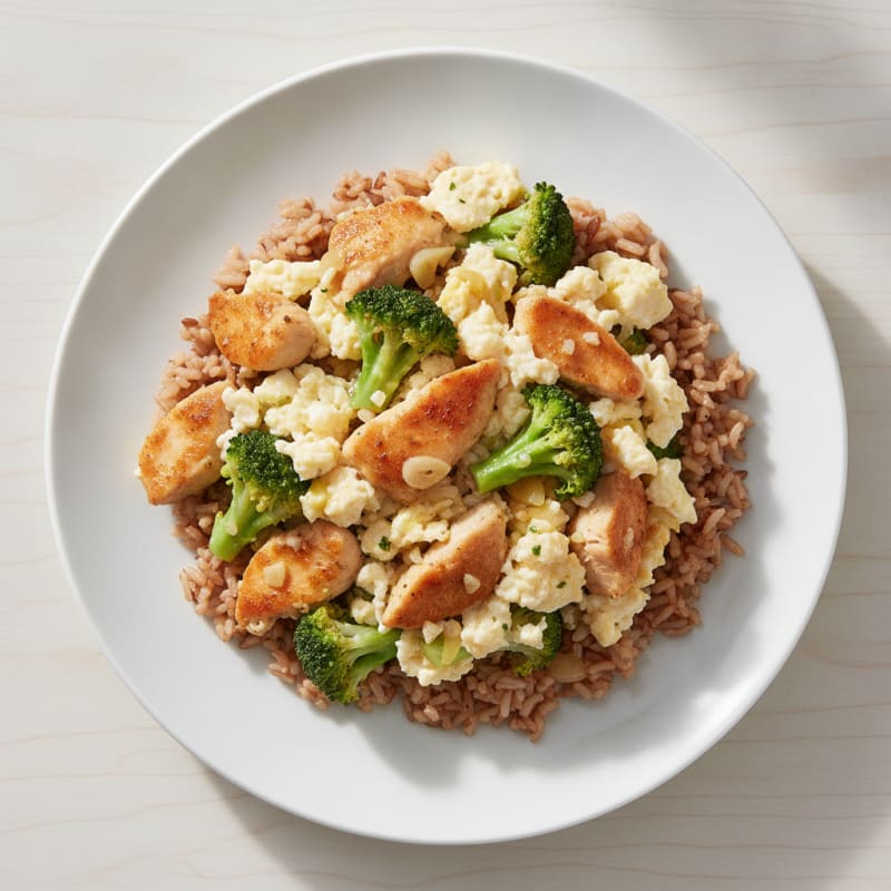 Egg White Scramble with Chicken Breast, Broccoli and Brown Rice