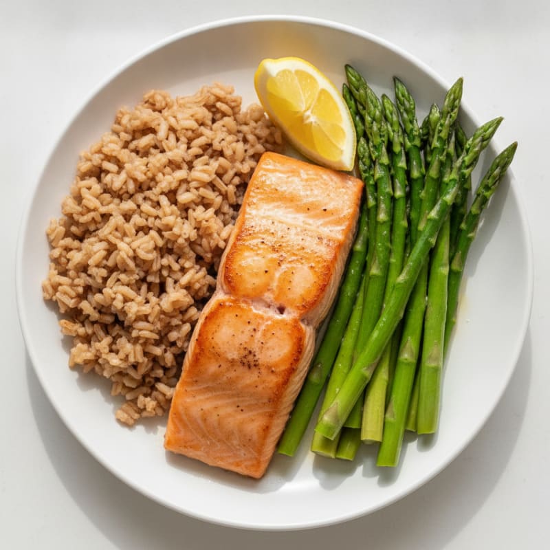 Seared Salmon with Steamed Asparagus and Brown Rice