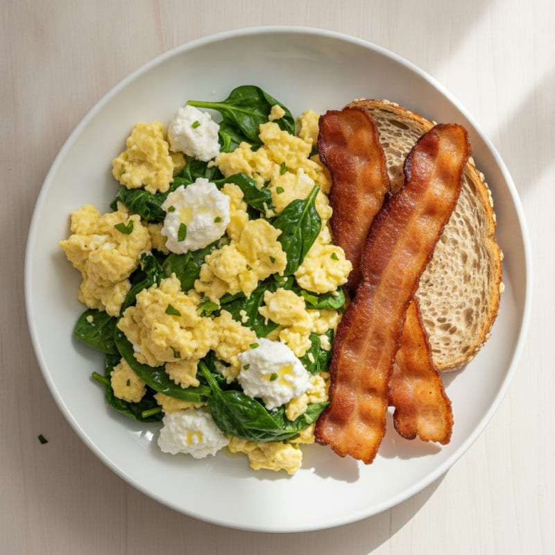 Cottage Cheese Scramble with Spinach and Turkey Bacon