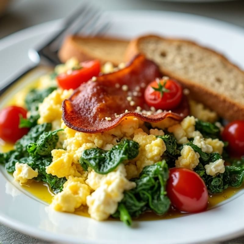 Egg White and Spinach Scramble with Cottage Cheese and Turkey Bacon