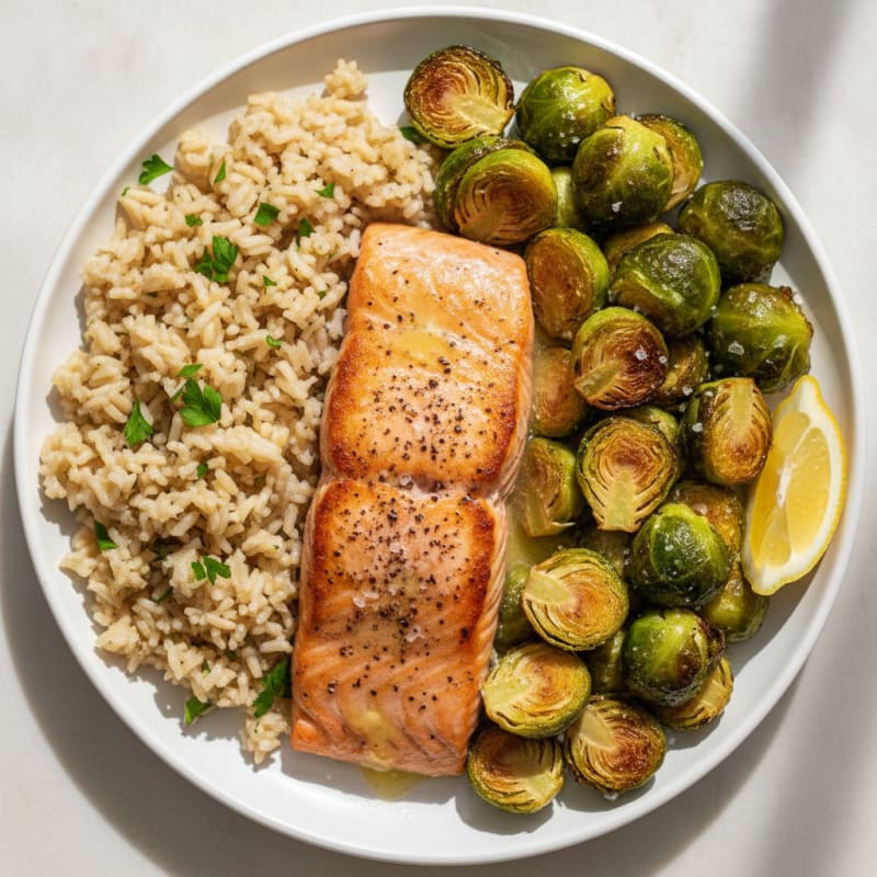 Seared Salmon Fillet with Roasted Brussels Sprouts and Herbed Brown Rice