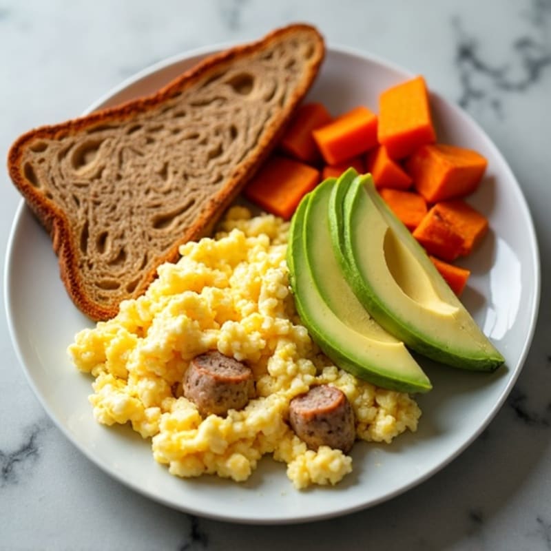 Egg White Scramble with Turkey Sausage and Roasted Sweet Potatoes