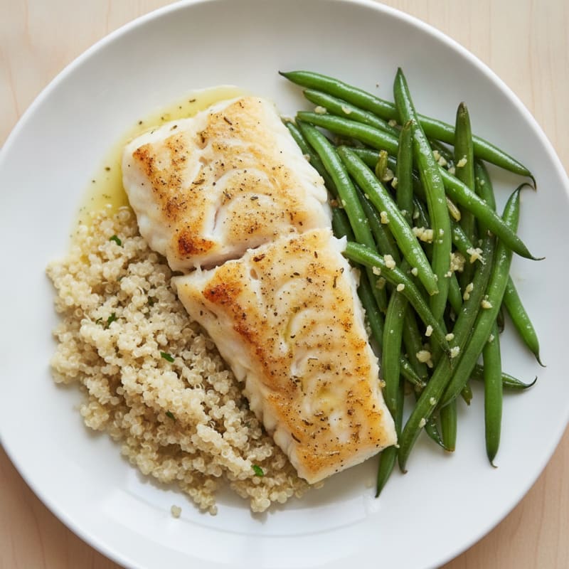 Baked Cod with Quinoa and Garlic Green Beans