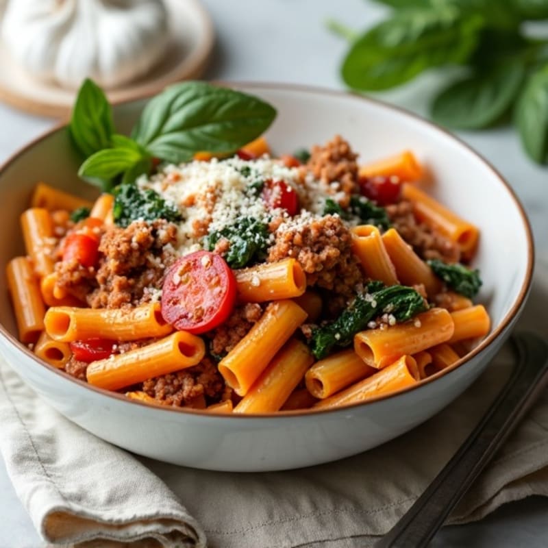 Healthy Baked Ziti with Lean Ground Beef and Spinach