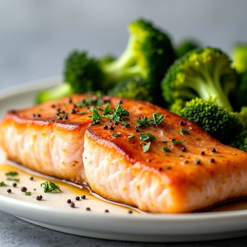 Seared Salmon with Garlic Roasted Broccoli