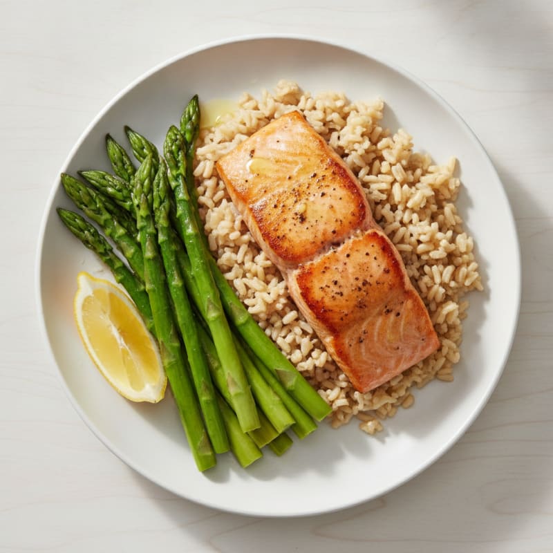Seared Salmon Fillet with Steamed Asparagus and Brown Rice