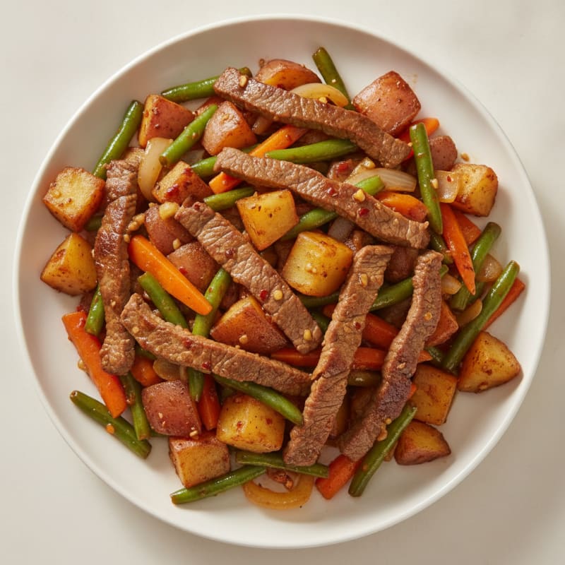Seared Beef and Potato Stir Fry with Carrots and Green Beans