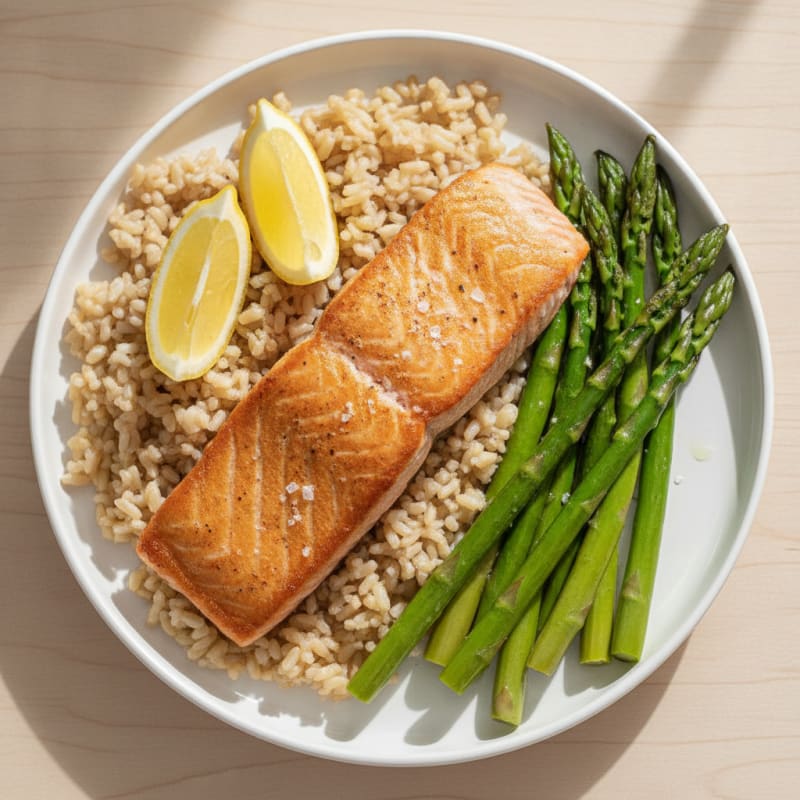 Seared Salmon with Steamed Asparagus and Brown Rice