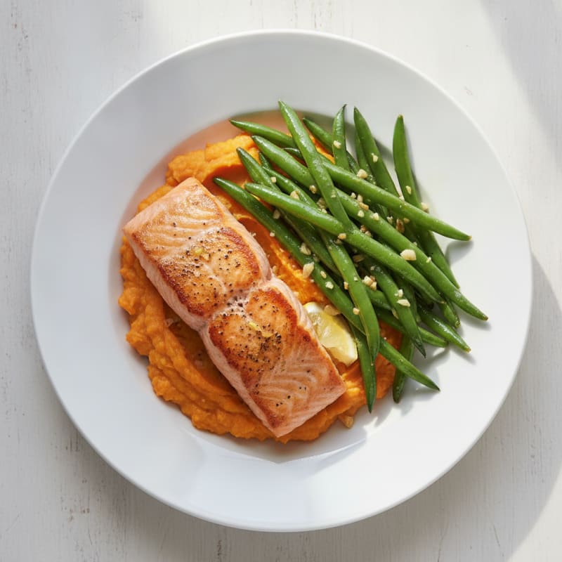 Seared Salmon with Garlic Green Beans and Sweet Potato Mash