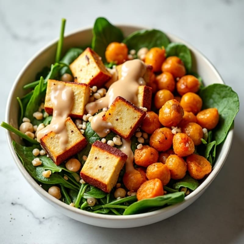 Crispy Roasted Chickpea and Sweet Potato Buddha Bowl with Creamy Lemon-Tahini Dressing