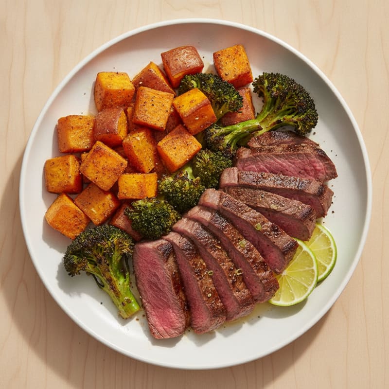 Seared Lean Beef with Roasted Sweet Potatoes and Charred Broccoli