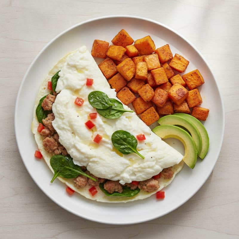 Egg White Omelet with Turkey Sausage and Roasted Sweet Potatoes