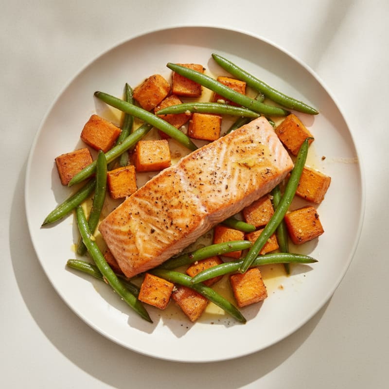 Seared Salmon Fillet with Roasted Sweet Potato and Green Beans