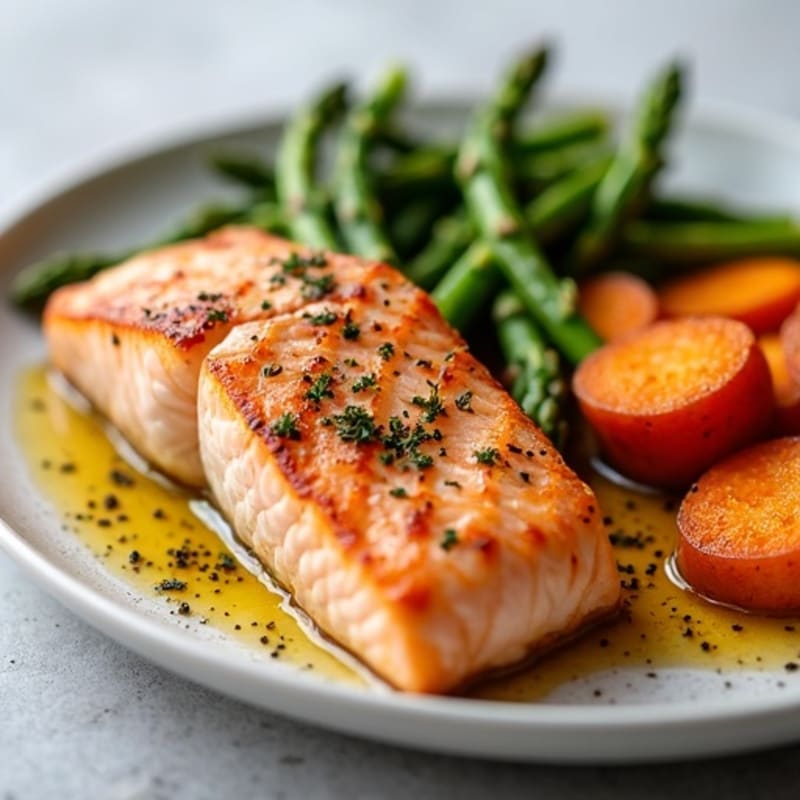 Seared Salmon with Roasted Sweet Potatoes and Asparagus