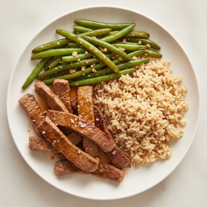 Seared Lean Beef Strips with Garlic Green Beans and Steamed Brown Rice
