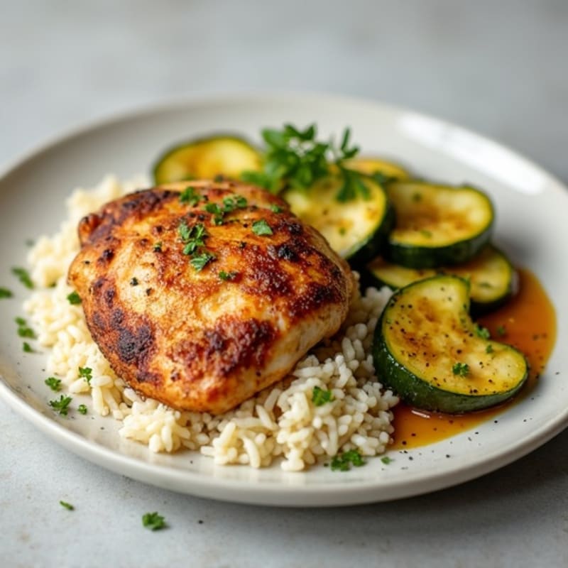 Seared Chicken Thighs with Garlic Rice and Roasted Zucchini