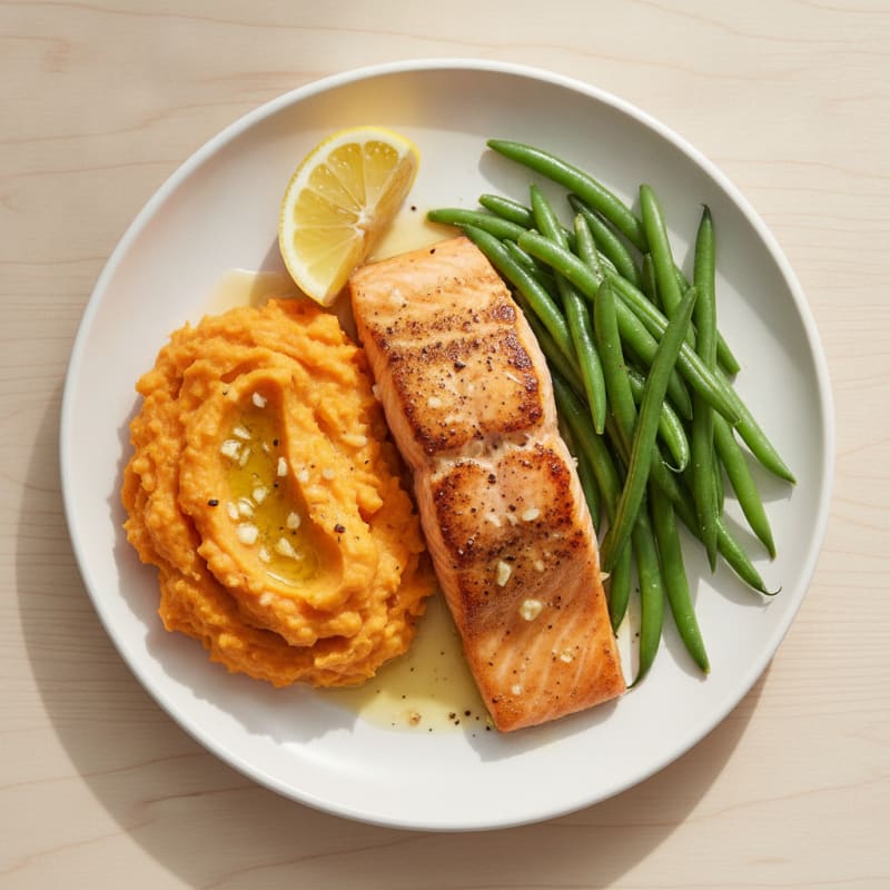 Seared Salmon with Steamed Green Beans and Garlic Mashed Sweet Potatoes