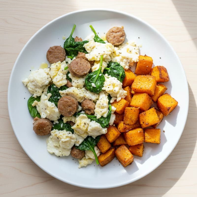 Egg White and Turkey Sausage Scramble with Spinach and Roasted Sweet Potato