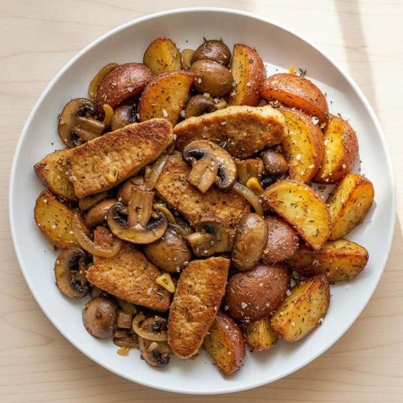 Seitan and Mushroom Skillet with Roasted Potatoes