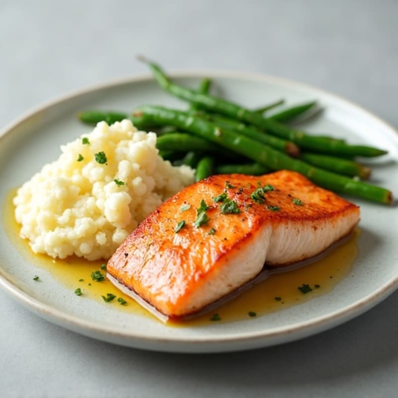 Seared Salmon with Steamed Green Beans and Cauliflower Mash