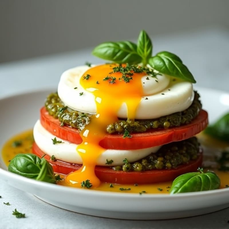 Fresh Mozzarella Tomato Stack with Basil Pesto and Poached Eggs