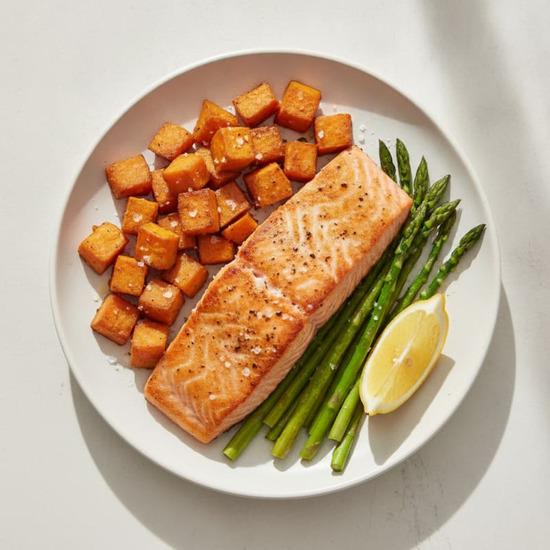 Seared Salmon Fillet with Roasted Sweet Potatoes and Asparagus
