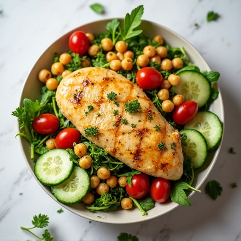 Lemon-Herb Roasted Chicken Salad with Fresh Vegetables and Crispy Chickpeas