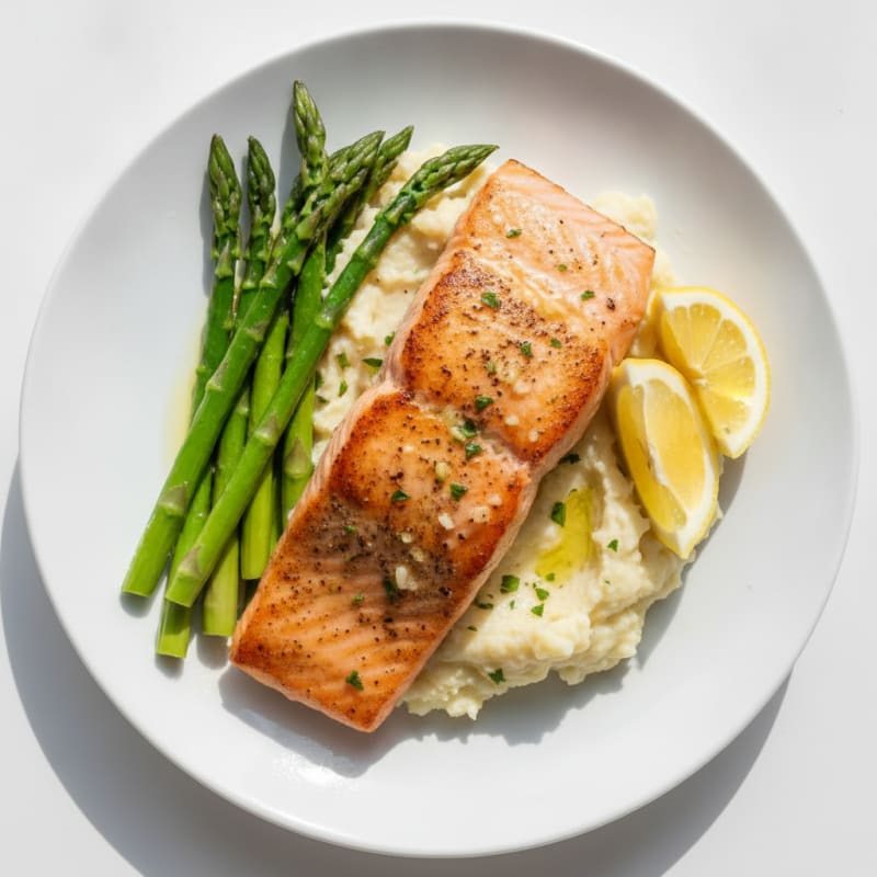 Seared Salmon with Steamed Asparagus and Garlic Mashed Cauliflower
