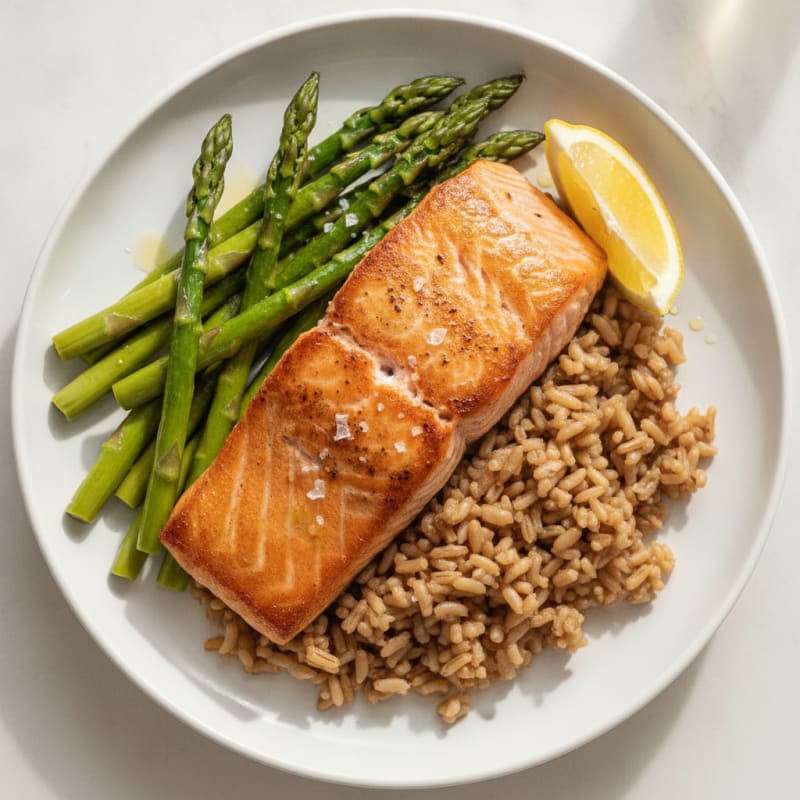 Seared Salmon Fillet with Steamed Asparagus and Brown Rice