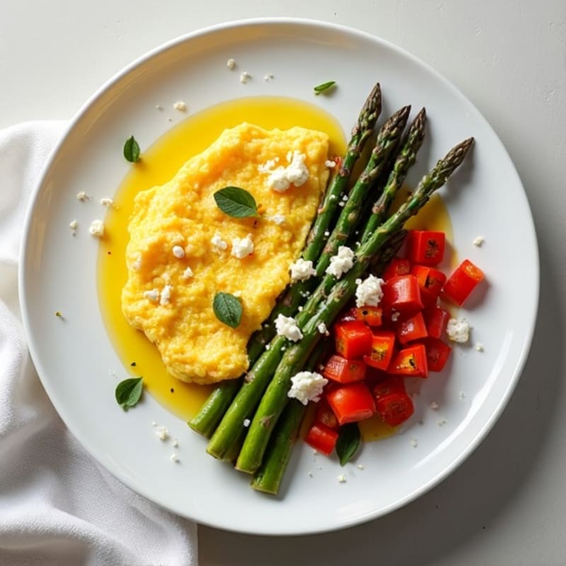 Fluffy Scrambled Eggs with Roasted Asparagus and Bell Peppers