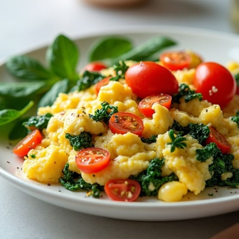 Cottage Cheese Egg White Scramble with Sautéed Spinach and Cherry Tomatoes