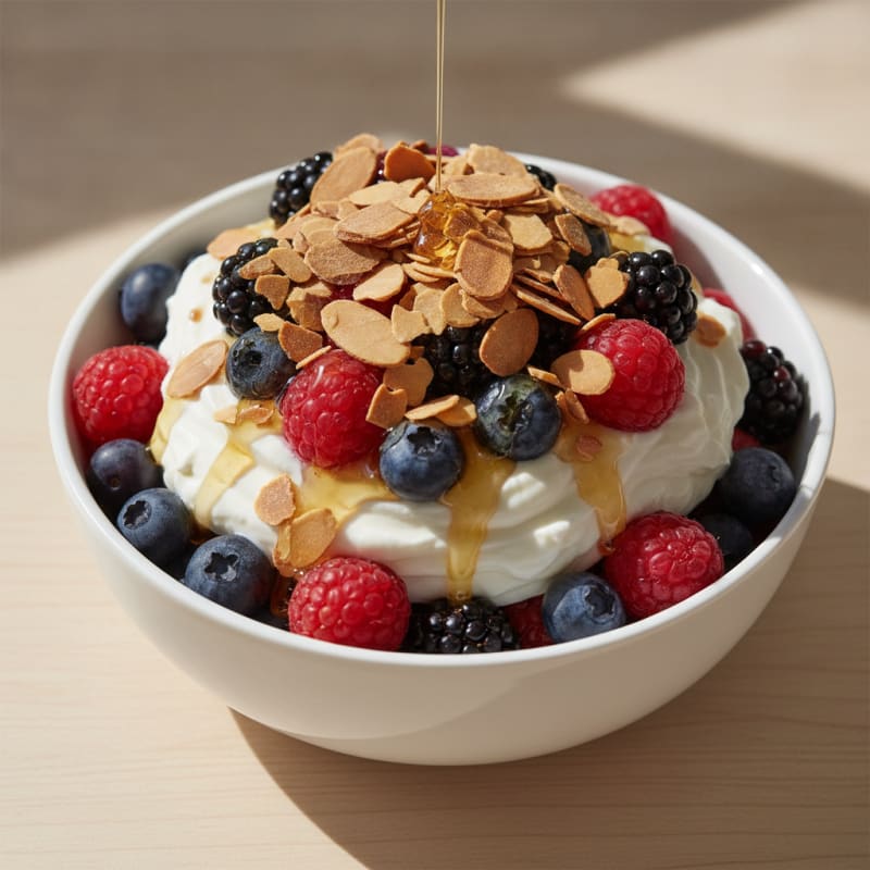 Greek Yogurt Protein Parfait with Mixed Berries and Almonds