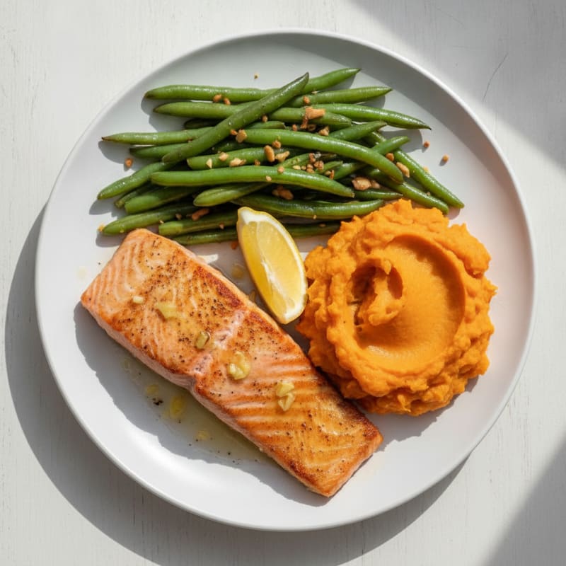 Seared Salmon with Garlic Green Beans and Sweet Potato Mash