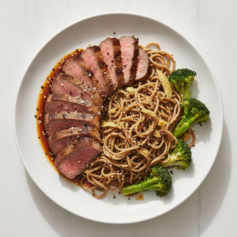 Pan-Seared Striploin with Garlic Noodles and Broccoli