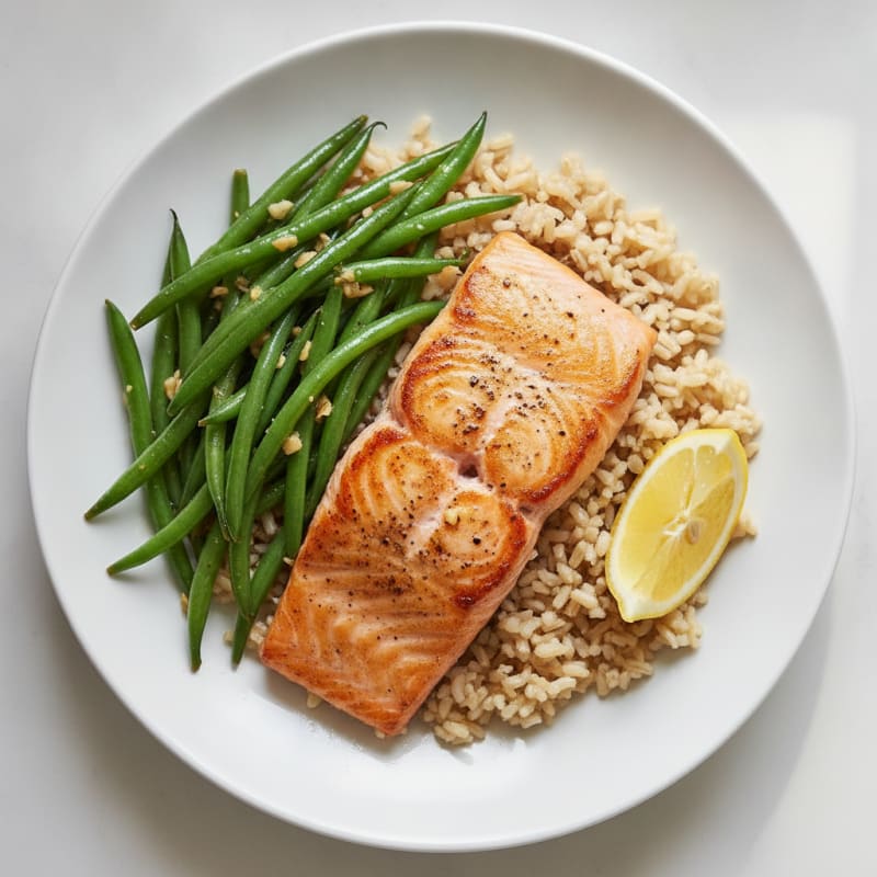 Seared Salmon Fillet with Garlic Green Beans and Brown Rice