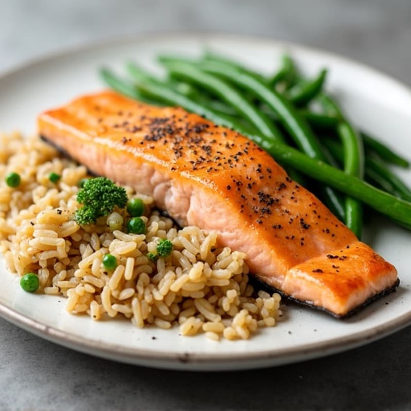 Seared Salmon Fillet with Garlic Green Beans and Brown Rice
