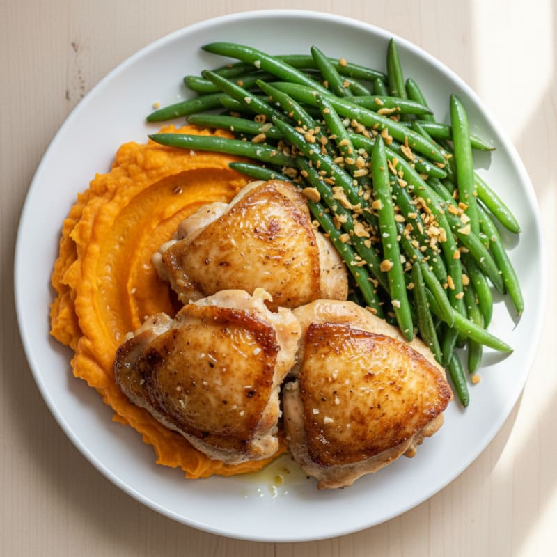 Seared Chicken Thighs with Garlic Green Beans and Sweet Potato Mash