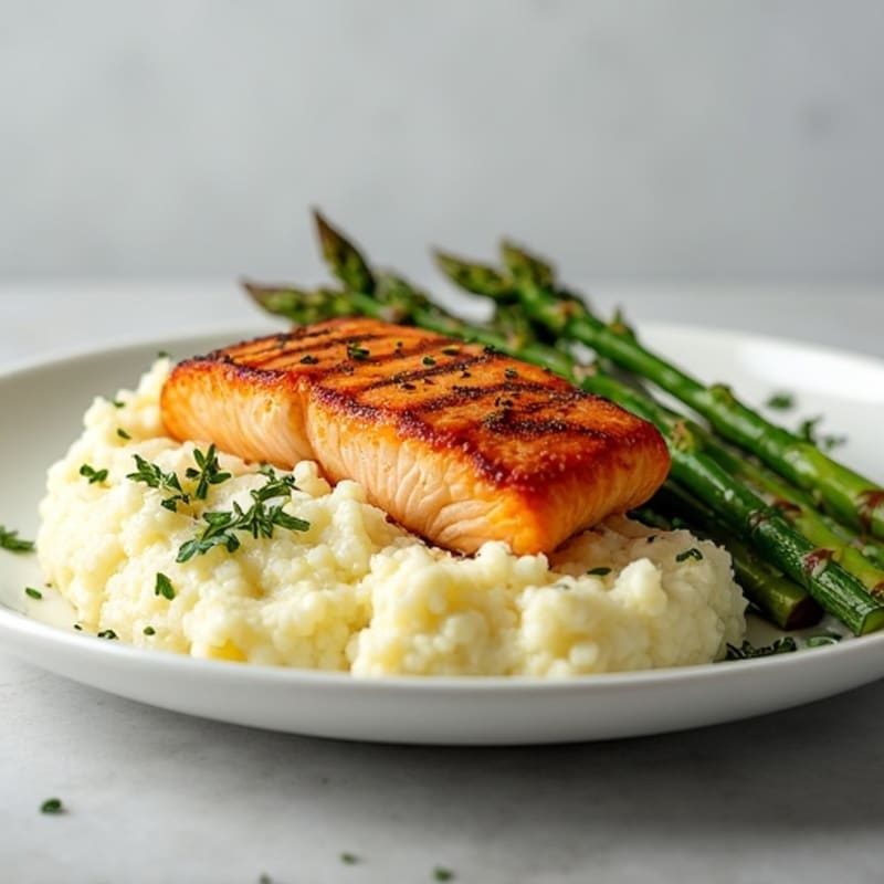 Seared Salmon with Roasted Asparagus and Cauliflower Mash
