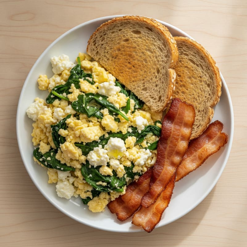 Cottage Cheese and Egg White Scramble with Sautéed Spinach and Turkey Bacon