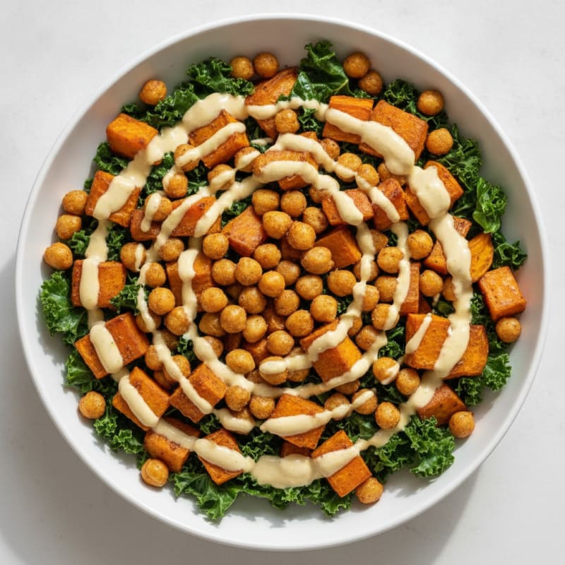 Crispy Chickpea and Roasted Sweet Potato Bowl with Tahini Drizzle