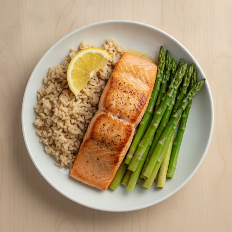 Seared Salmon with Steamed Asparagus and Brown Rice